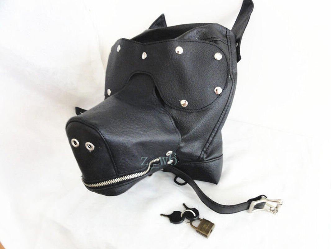 LEATHER GIMP DOG Puppy Hood Full Mask Mouth Costume Party Mask ZIPPED MUZZEL