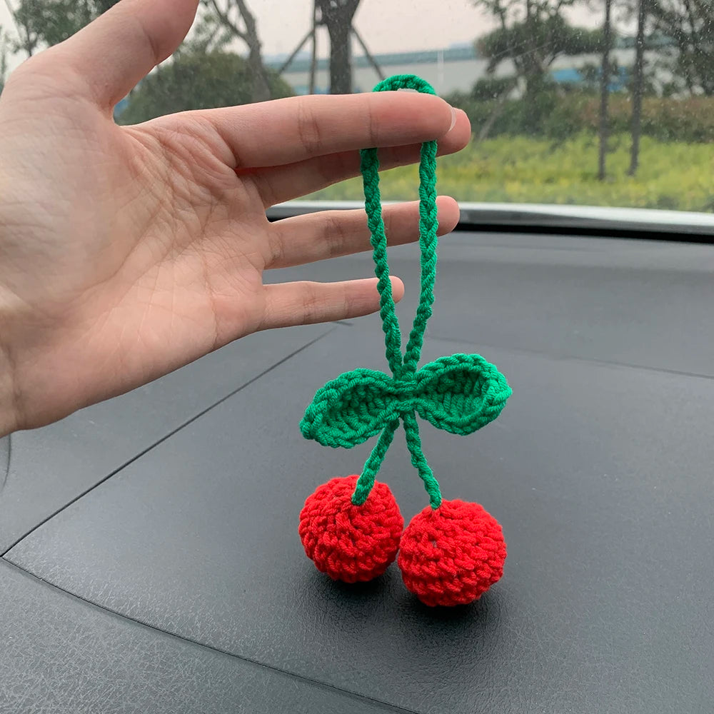 Cute Cherry Crochet Car Mirror Hanging Accessories for Women Teens Interior Rear View Mirror Animal Charm Decor