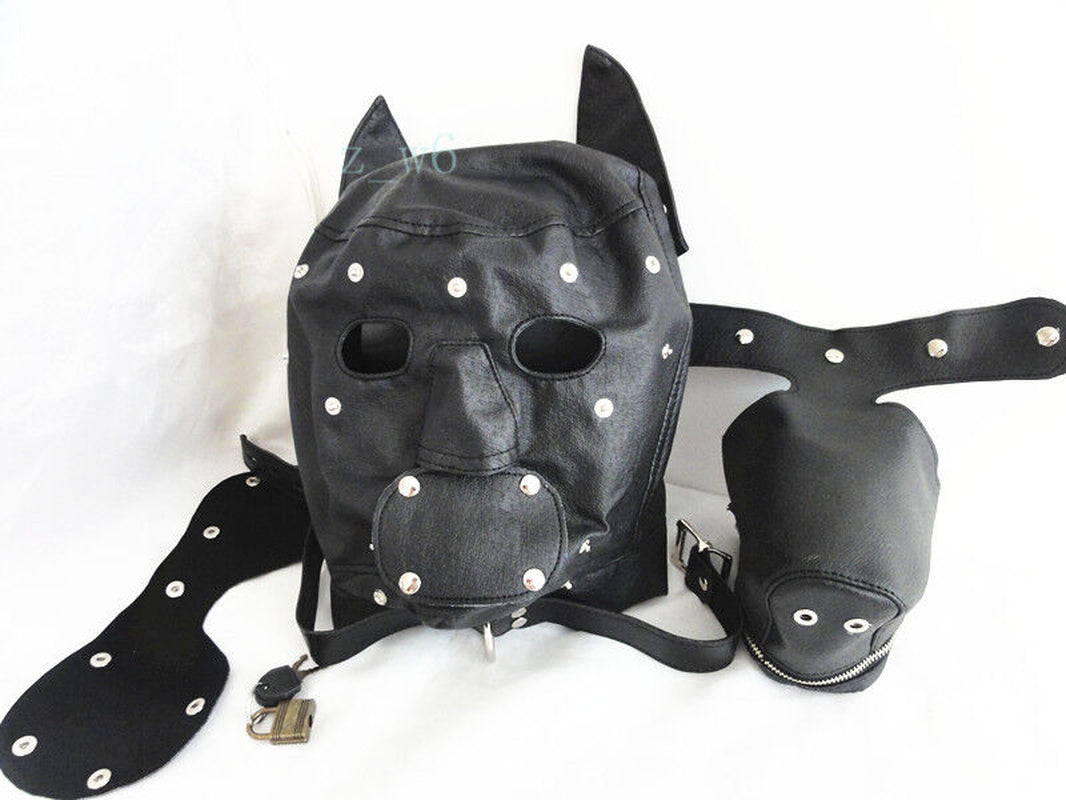 LEATHER GIMP DOG Puppy Hood Full Mask Mouth Costume Party Mask ZIPPED MUZZEL