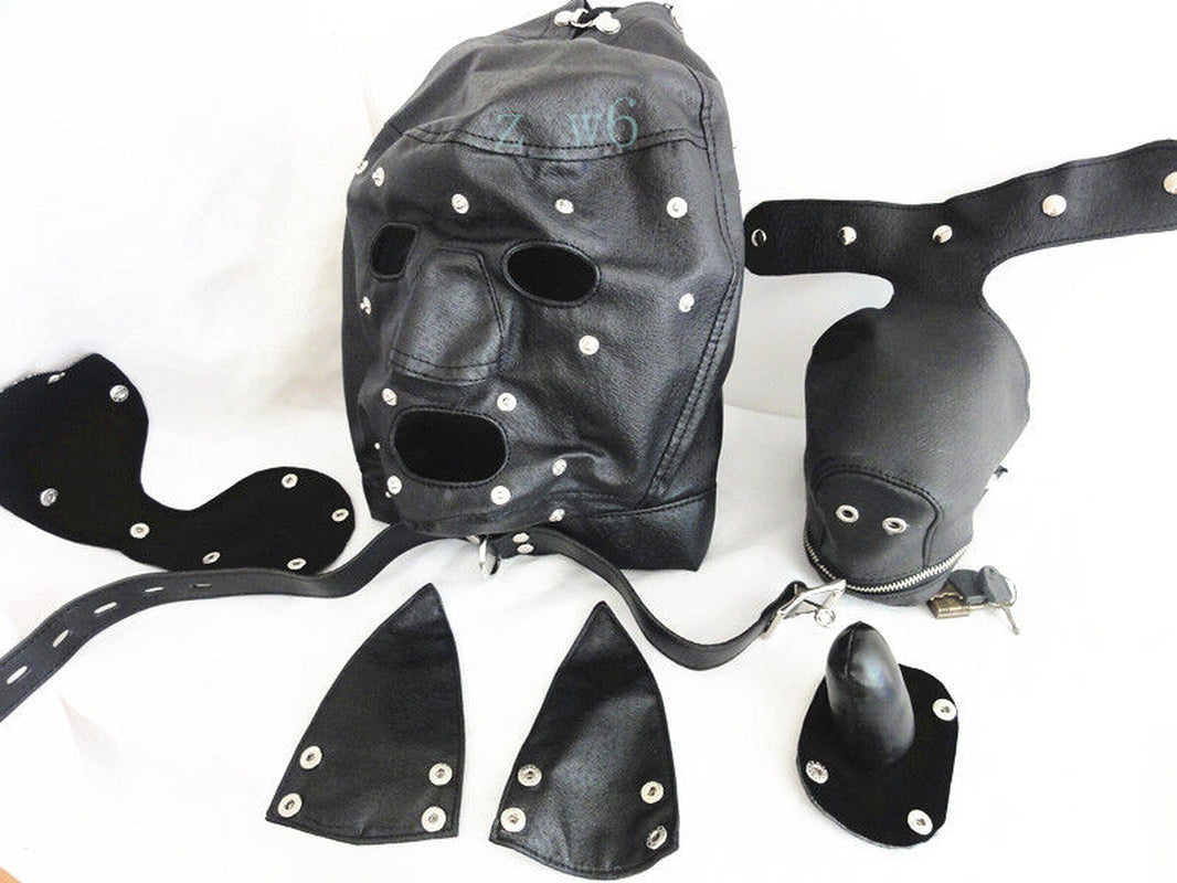 LEATHER GIMP DOG Puppy Hood Full Mask Mouth Costume Party Mask ZIPPED MUZZEL