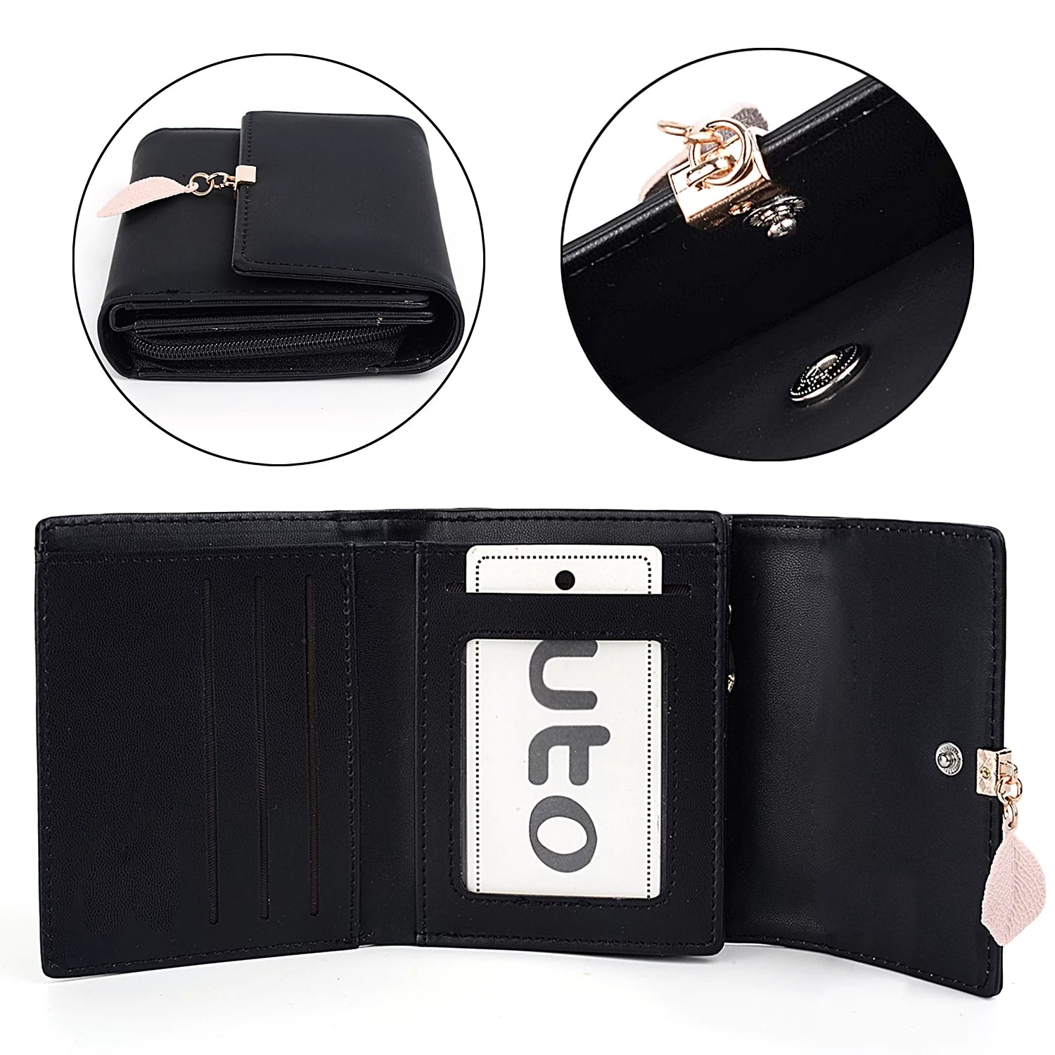 Small Wallet for Women PU Leather RFID Blocking Card Holder Zipper Coin Purse with Leaf Pendant(Black)