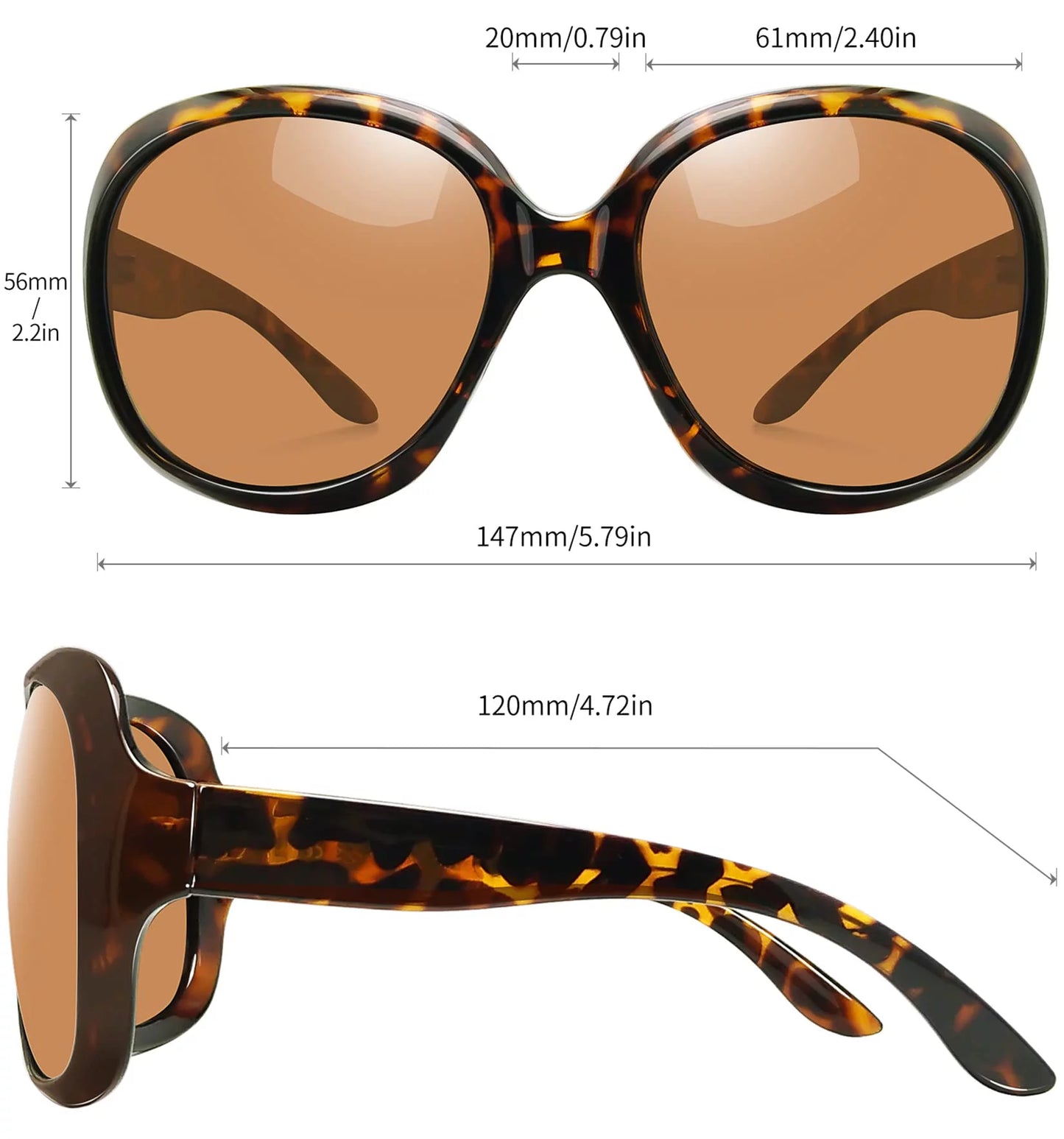 Oversized Polarized Women Sunglasses, Ladies Vintage Thick Big Frame Sun Glasses Shades (Leopard Brown)