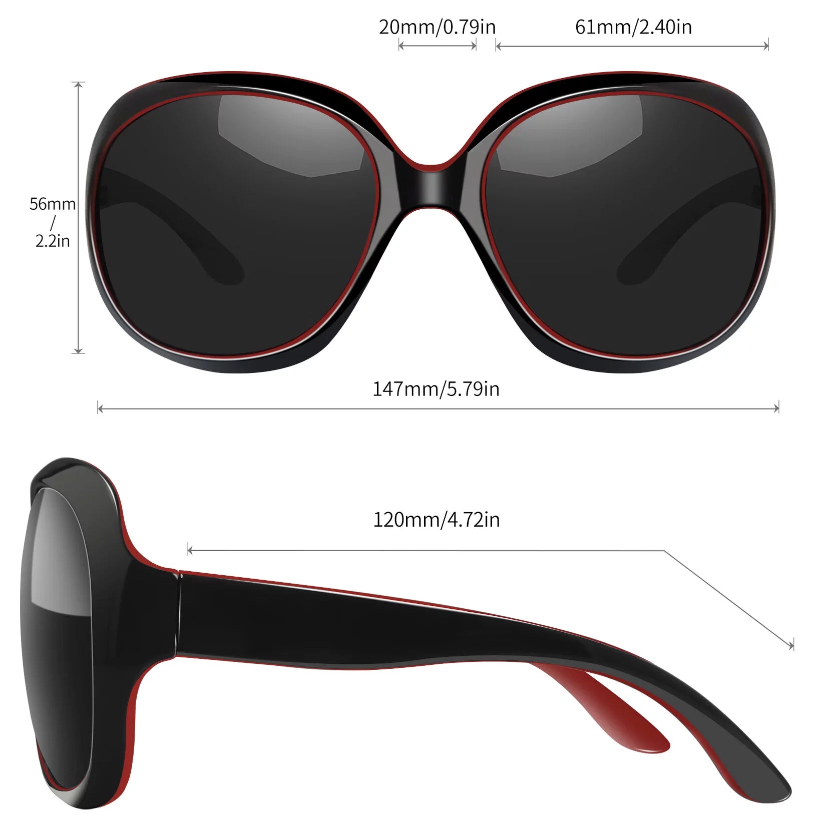 Polarized Sunglasses for Women, Ladies Oversized Sun Glasses UV Protection (Black Red)