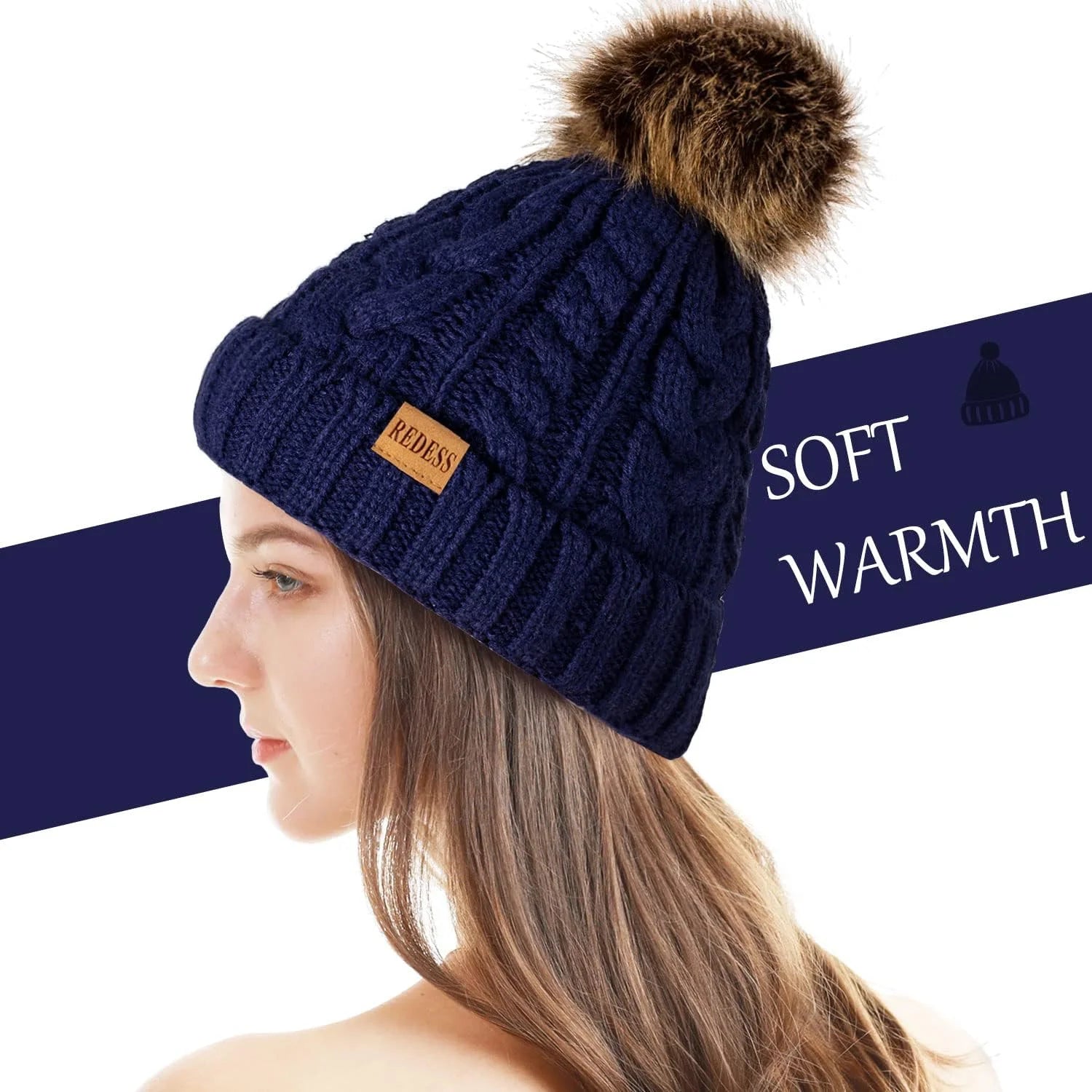 Women Winter Pompom Beanie Hat with Warm Fleece Lined, Thick Slouchy Knit Skull Ski Cap-Navy