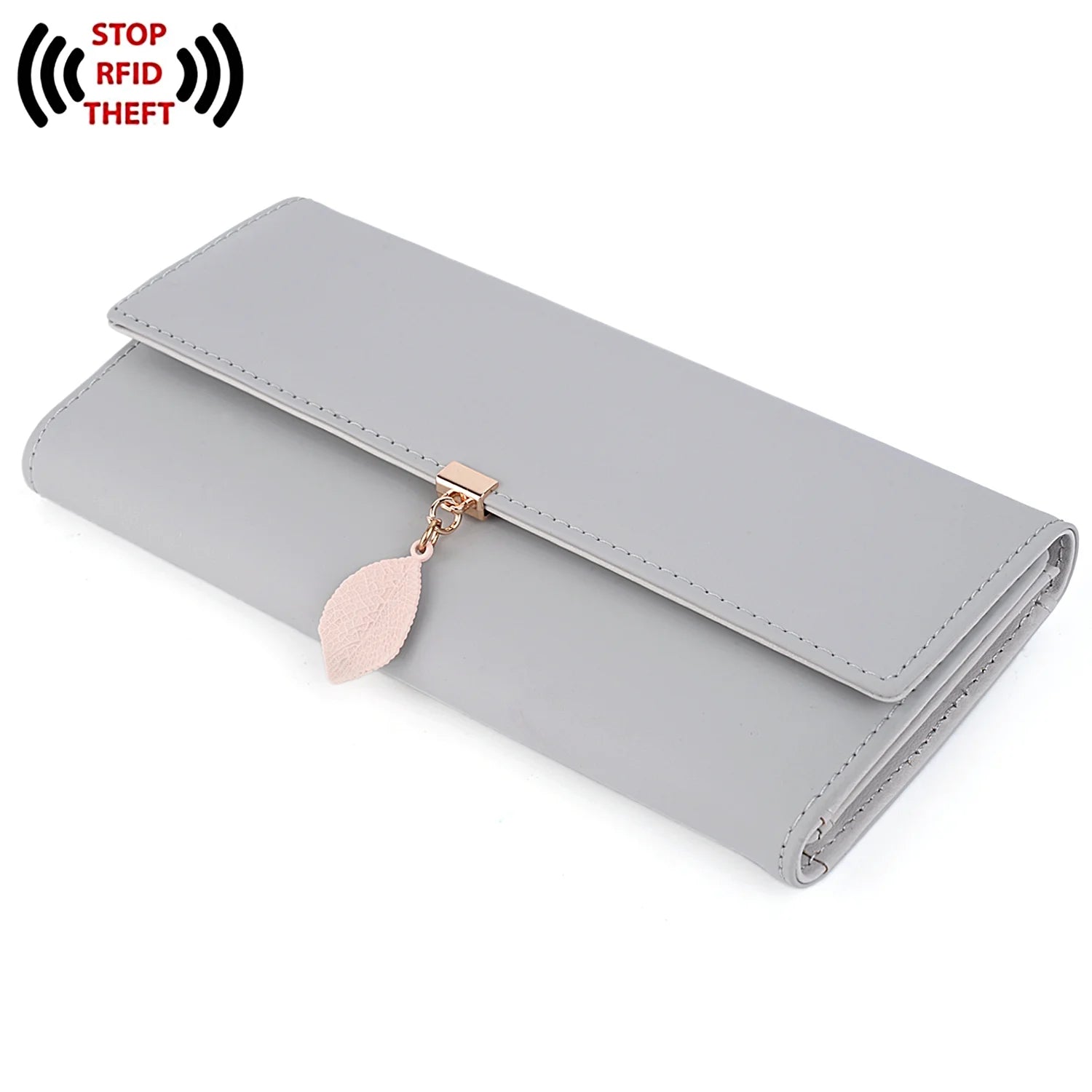 Womens Wallet PU Leather RFID Blocking Card Holder Elegant Zipper Coin Purse Leaf Pendant(Grey)