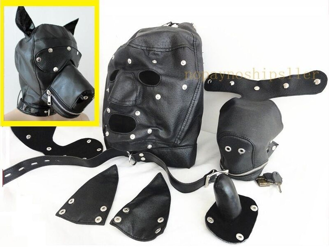 LEATHER GIMP DOG Puppy Hood Full Mask Mouth Costume Party Mask ZIPPED MUZZEL