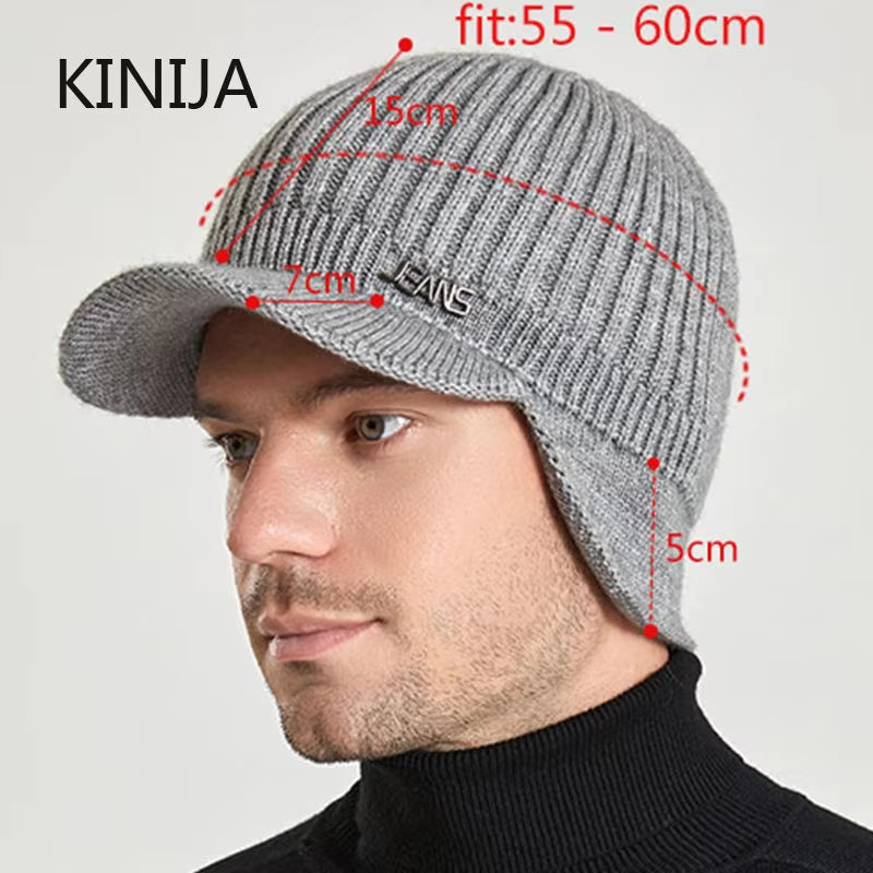 Men Winter Knitted Hat Outdoor Cycling Ear Protection Warmth Peaked Cap Casual Fashion Sunhat Bomber Skullies Beanies 55-60CM