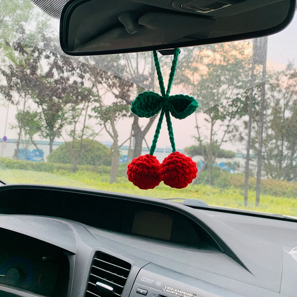 Cute Cherry Crochet Car Mirror Hanging Accessories for Women Teens Interior Rear View Mirror Animal Charm Decor