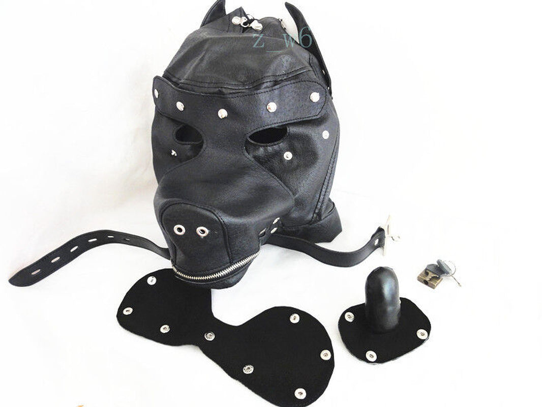 LEATHER GIMP DOG Puppy Hood Full Mask Mouth Costume Party Mask ZIPPED MUZZEL