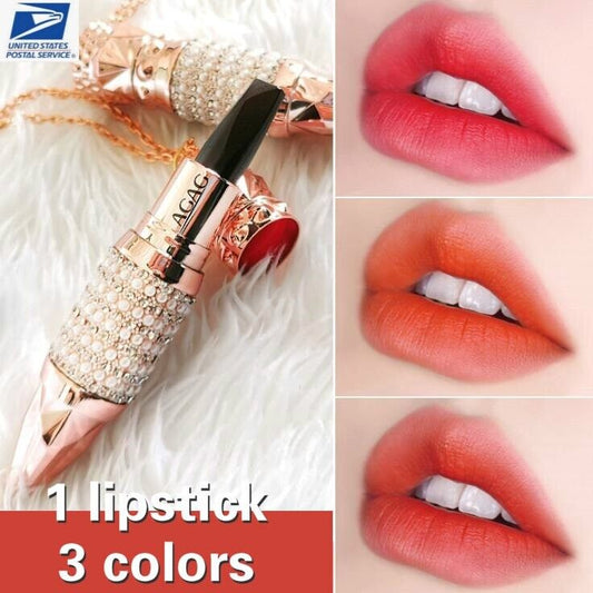 3 Color in 1 Waterproof Long Lasting Pearl Necklace Matte Lipstick Lip Gloss